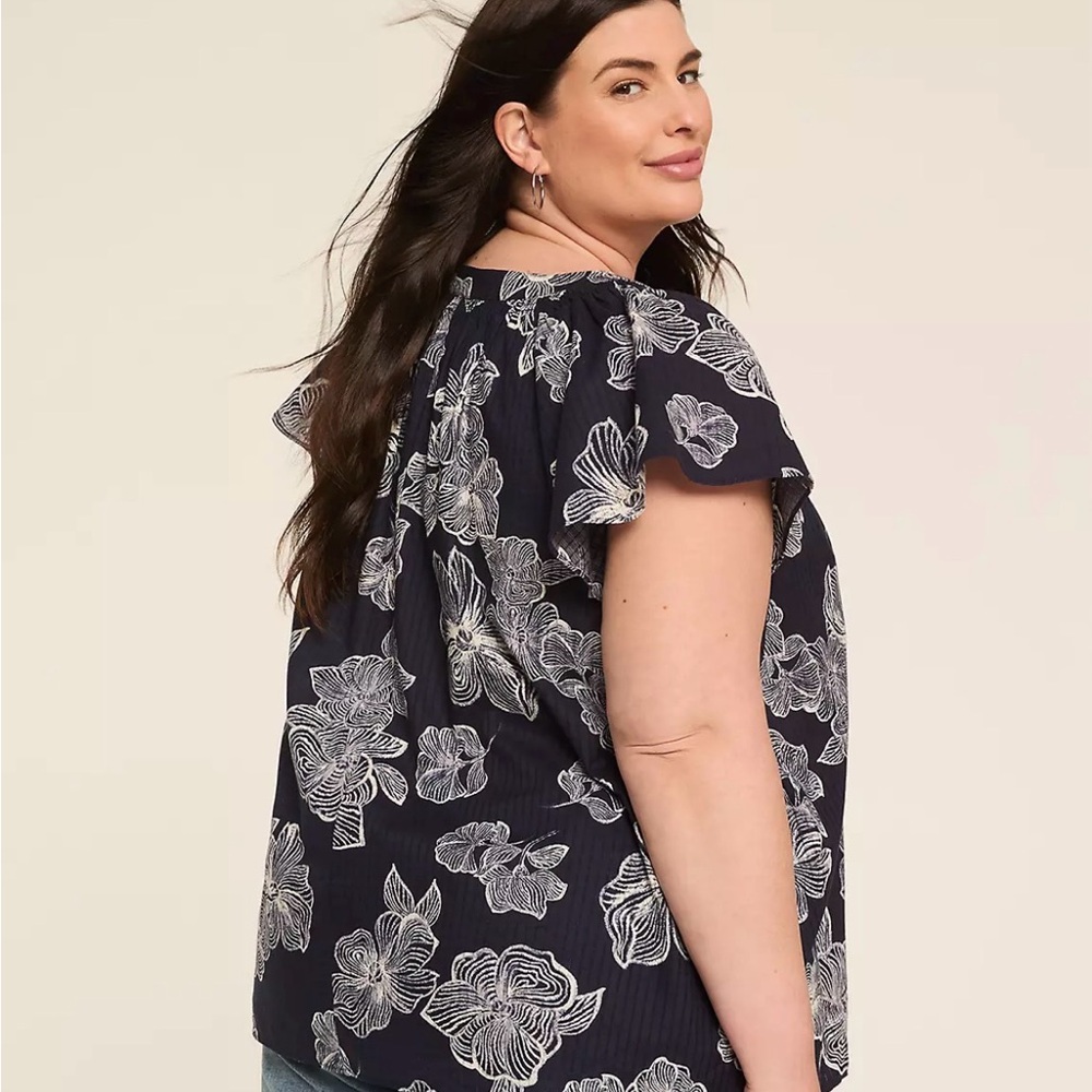 Lane Bryant Navy Floral Flutter-Sleeve Blouse